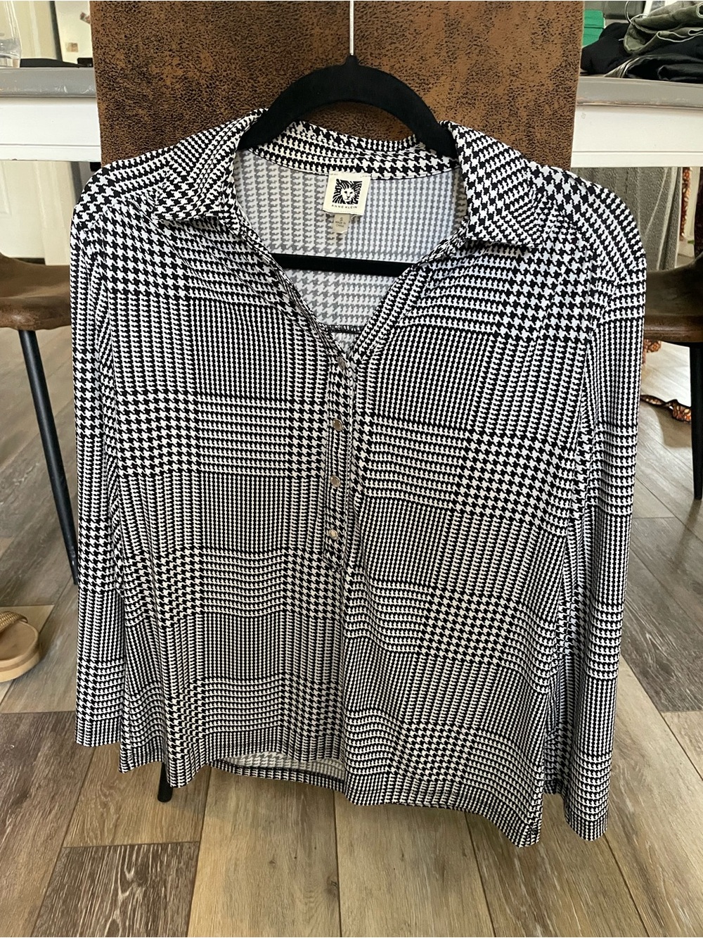 Anne Klein Black & White Houndstooth Button-Down Shirt